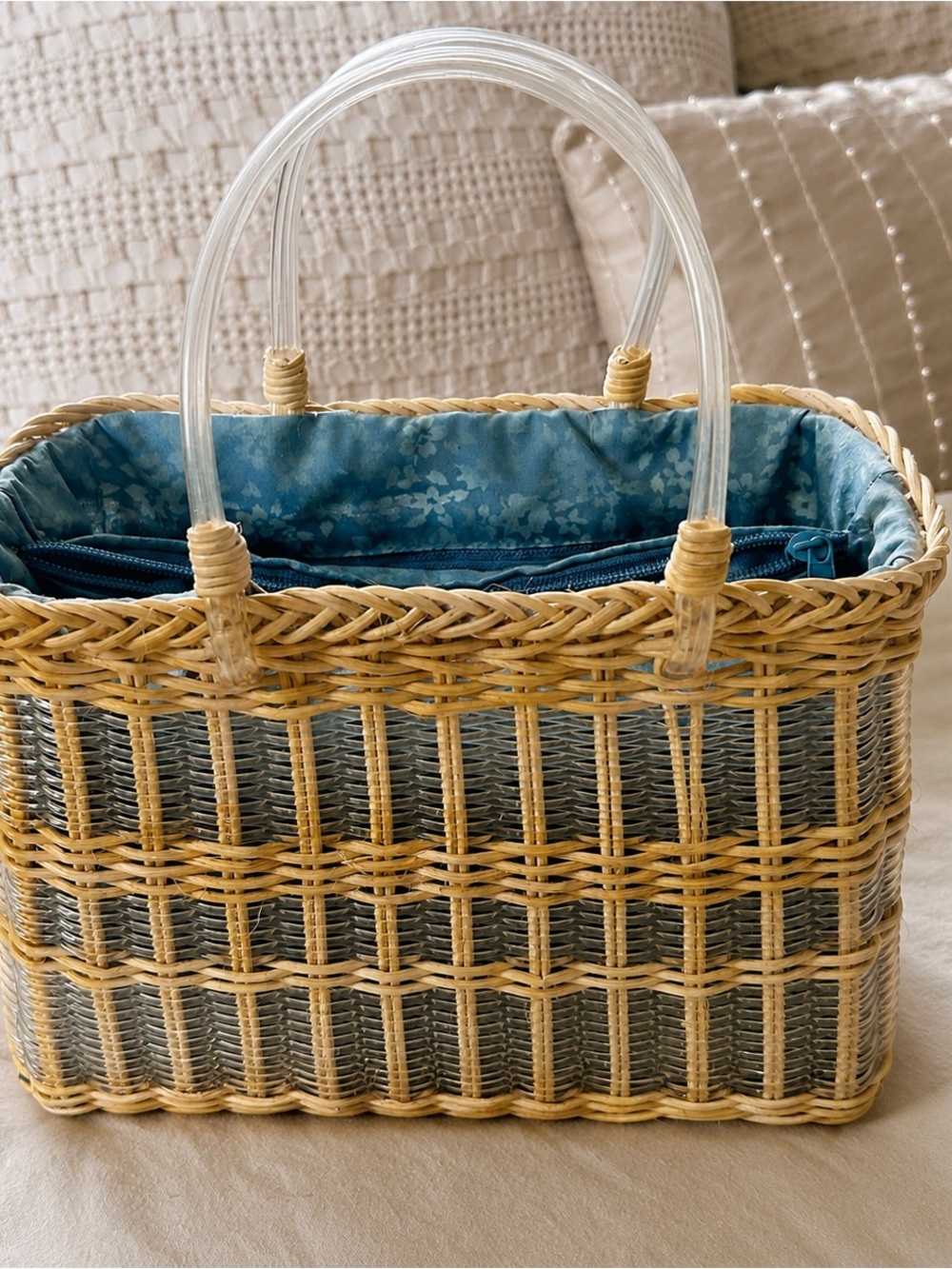 Vintage Wicker & Clear Plastic Basket Purse Blue Floral Lining Handbag